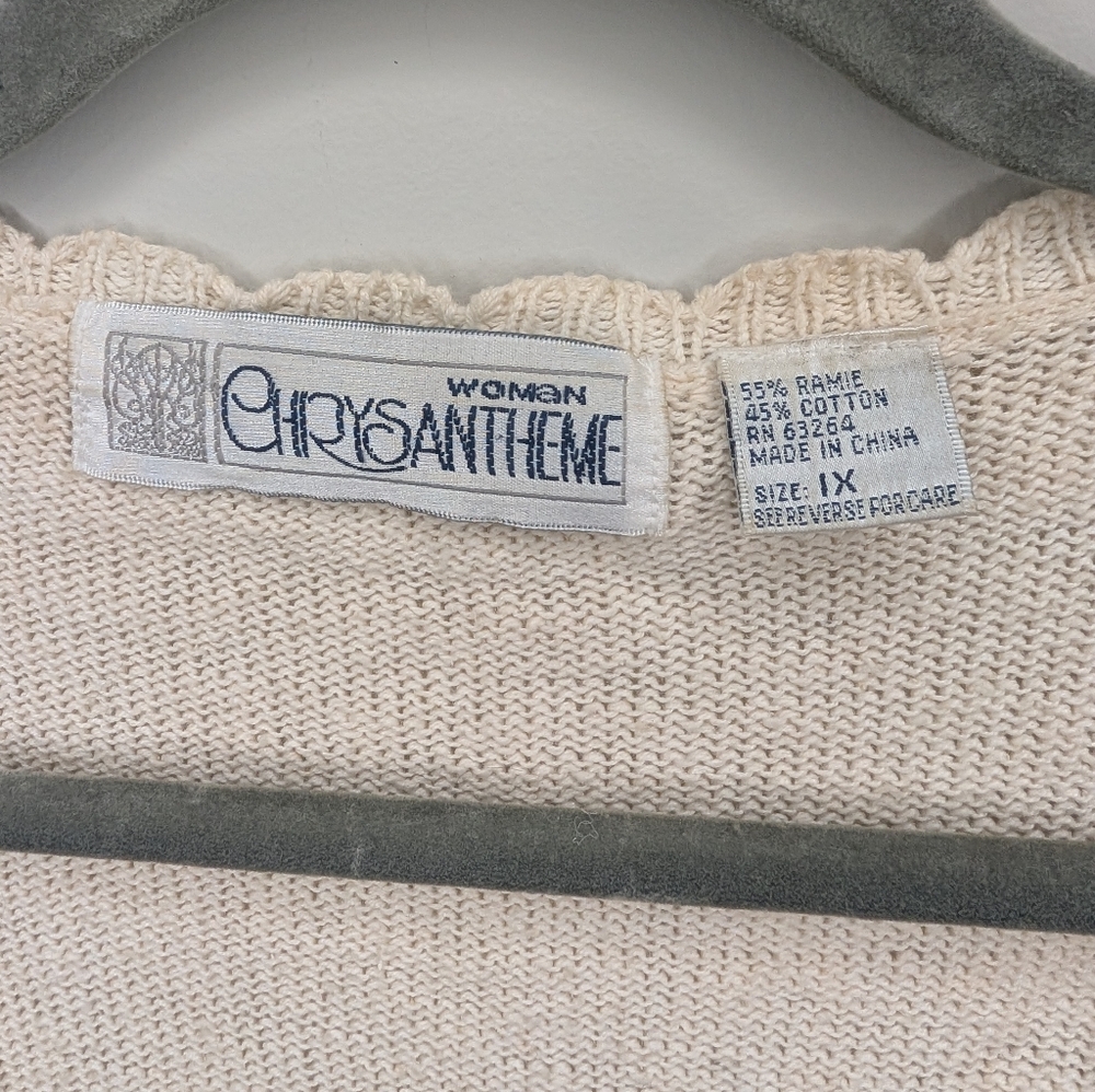 Vintage Cream Embroidered Rose Cardigan Cottagecore Floral Knit Sweater | 1X - Picture 2 of 5